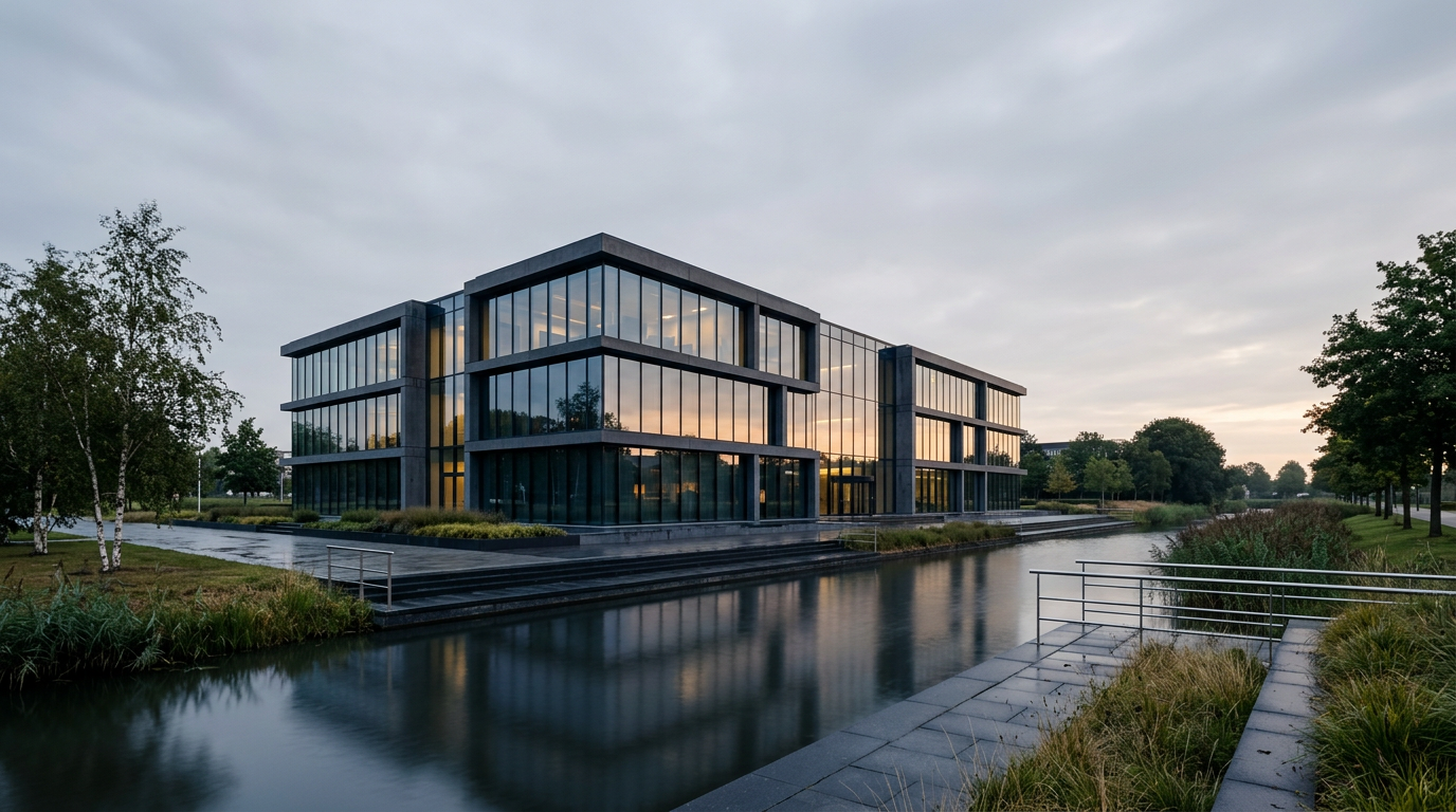 Modern Dutch office architecture in soft morning light